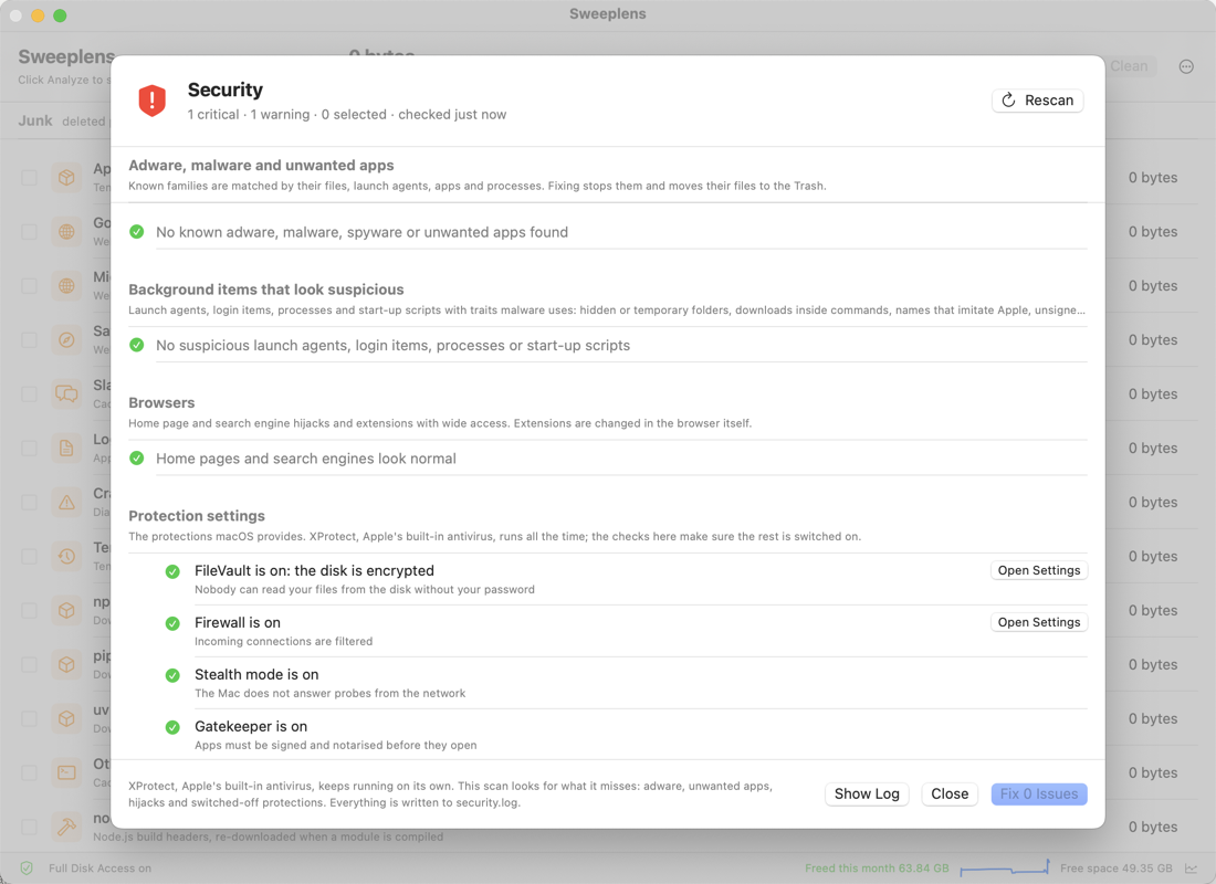 The Security sheet: no adware found, no suspicious background items, and the list of protection settings
